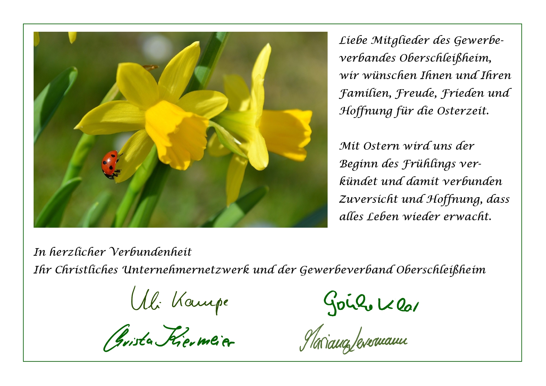 Ostergruß 2025 vom Christ­lichen Unter­neh­mer­netzwerk und vom Gewer­be­verband Oberschleißheim e.V.